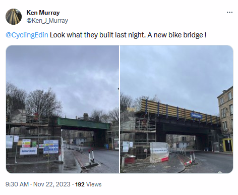 SpokesLothian's tweet photo. @BowdenDawes @Ken_J_Murray @CyclingEdin #RoseburnToCanal

👍Best 'before and after' comparison we've seen of the new #DalryRoad bridge https://t.co/71RpGCzxgd
