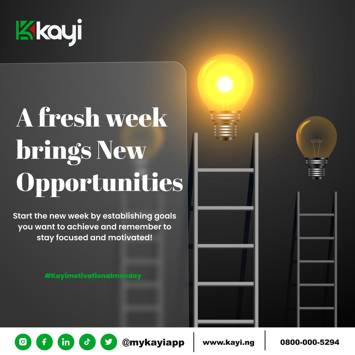 mykayiapp's tweet photo. A fresh week brings new opportunities! Establishing goals is an excellent way to maintain focus and motivation.

#Newweek
#Newgoals
#Mondaymotivation
#Kayiweb
#Kayiway https://t.co/BQLeF6EHKU