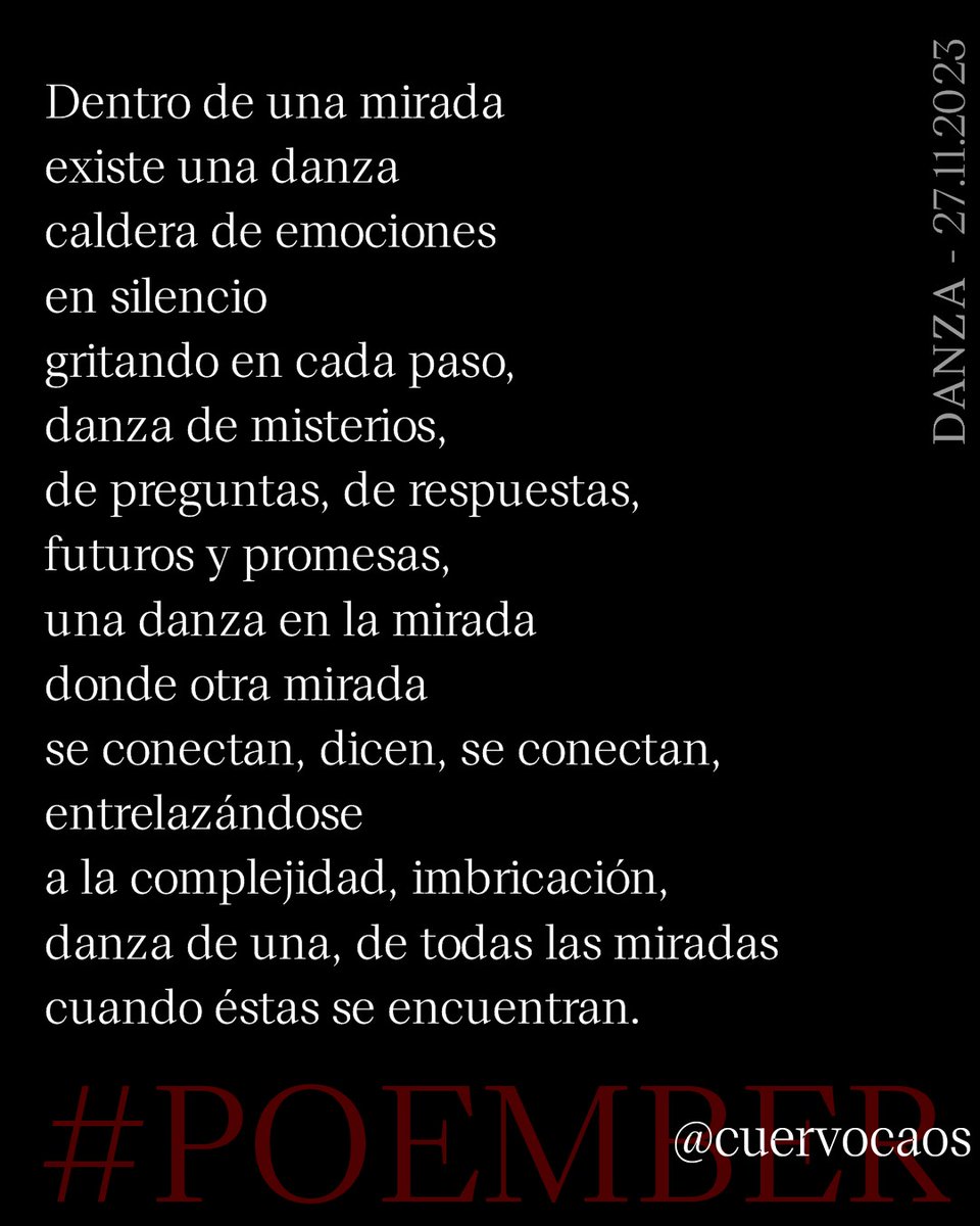 cuervocaos's tweet photo. DANZA - 27.11.2023
#Poember #Poesía #Poema #Poetry #Poem #PoesíaArcana #Poésie #Jueverotic #Psicosisred #Panicosiniestro #EróticoAquelarre #EroTuits
POEMBER, ¿cómo participar? Aquí el link para ello:
https://t.co/k7ODuYrzf8 https://t.co/LzvZ21sNH0