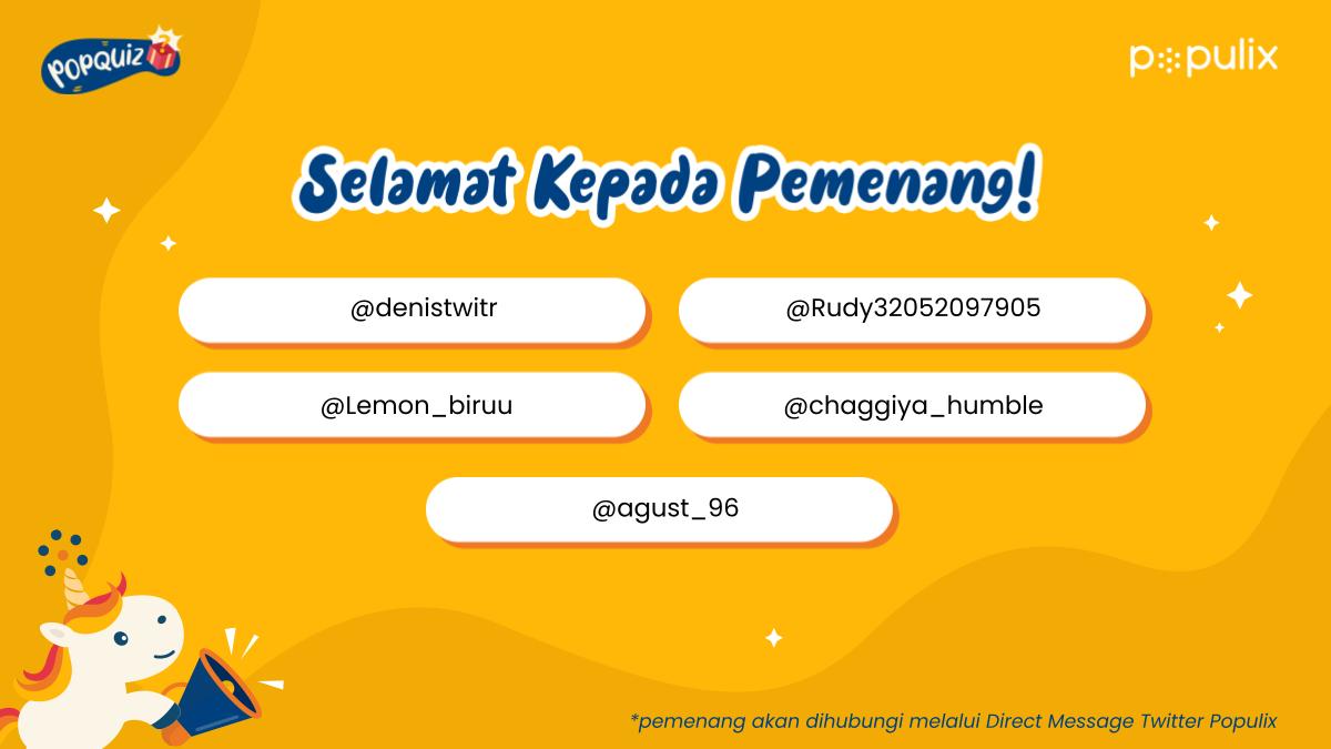 populixco's tweet photo. Saatnya mengumumkan pemenang #GIVEAWAY #POPQUIZ bulan November 2023 ini! π₯
Dan ini dia 5 orang pemenang yang telah menjawab #PopQuiz dengan benar dan terpilihβ¨
Selamat ya untuk para pemenang!
Mohon untuk cek DM kalian masing-masing ya! π¦π₯³ #Populix #Dengandata #Risetpasar https://t.co/pRm8FIfqRb