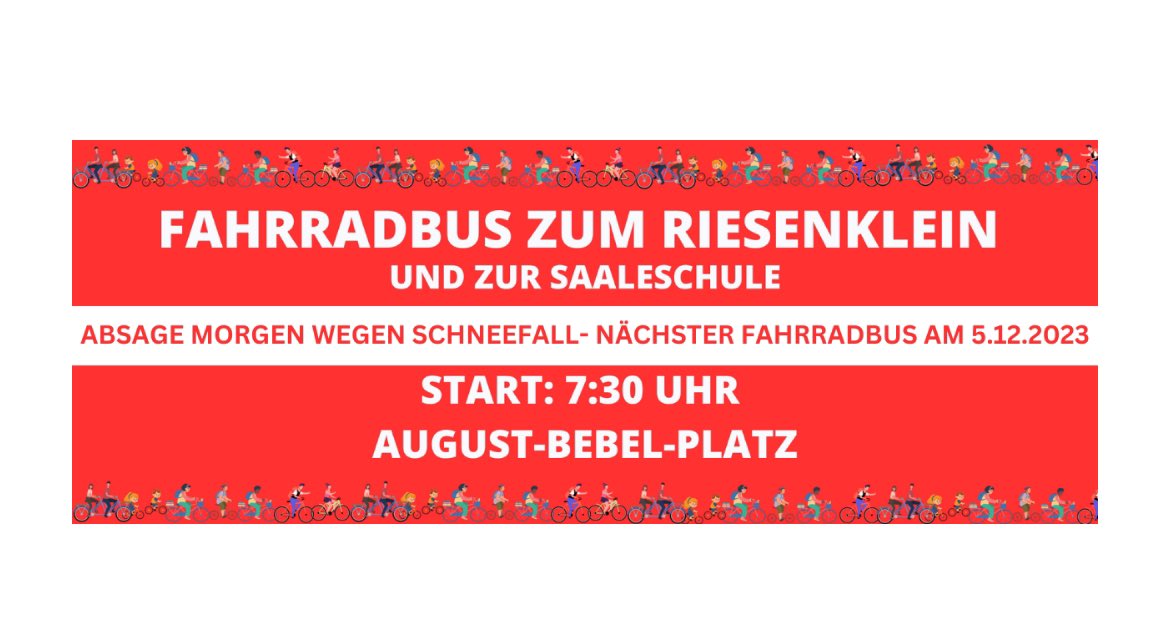 Wegen Schnee ❄️ und Eis 🧊 wird der morgige Fahrrad🚲Bus abgesagt. Wir sehen uns am 5. Dezember 2023 ab 7:30 Uhr ab August-Bebel-Platz. Allen eine schöne Woche.
#FahrradBus #Riesenklein #Rad #KinderAufsRad #Bicibus #Gemeinsam #Sicher #Schule #Kita #KinderAufsRad #Team #mdRzA