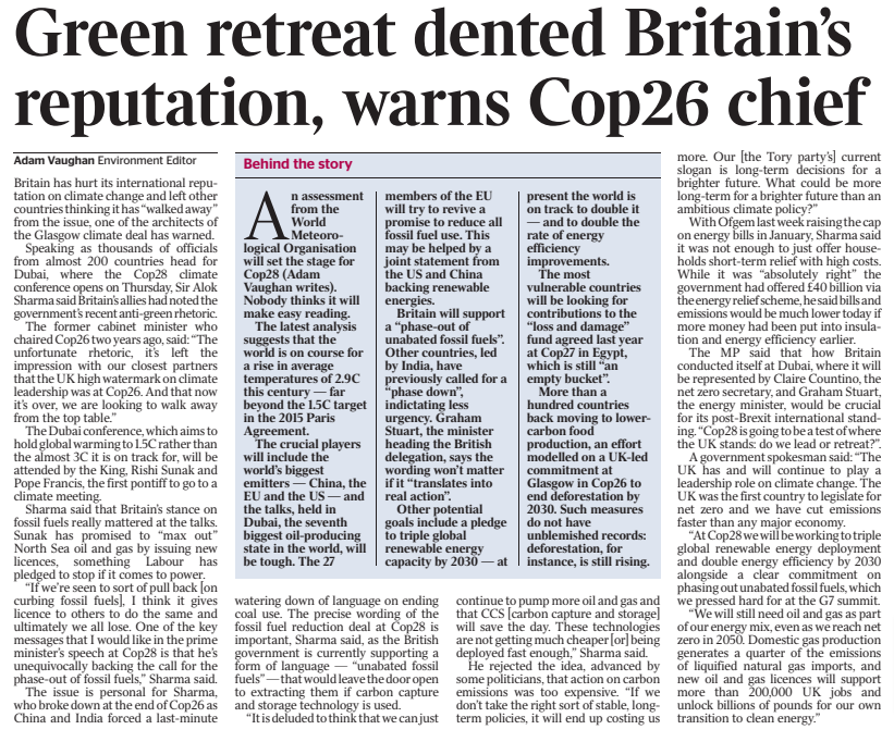 Britain has hurt its international reputation on climate change and left other countries thinking it has 'walked away' from the issue, says @AlokSharma_RDG ahead of #COP28