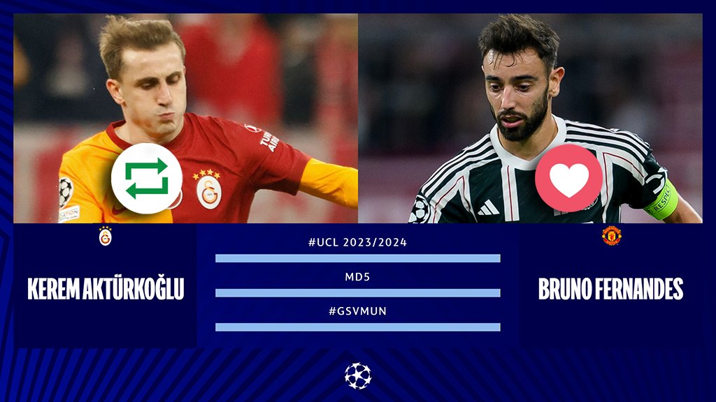 #UCL Countdown! ⏳🤩🔥 🔁 = @keremakturkoglu 🇹🇷 ❤️ = @B_Fernandes8 🇵🇹 #GSvMUN | @GalatasaraySK | @ManUtd