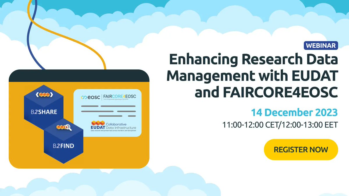 ⭐️Are you ready to join our next webinar?🚀 On 14 November, we'll discuss how the FAIRCORE4EOSC components are enhancing the #data services provided by EUDAT to support #FAIR #research life cycles. 🕑11-12 CET 📍Online Don't miss it out 😉 Register at 👉 bit.ly/46DiNX3