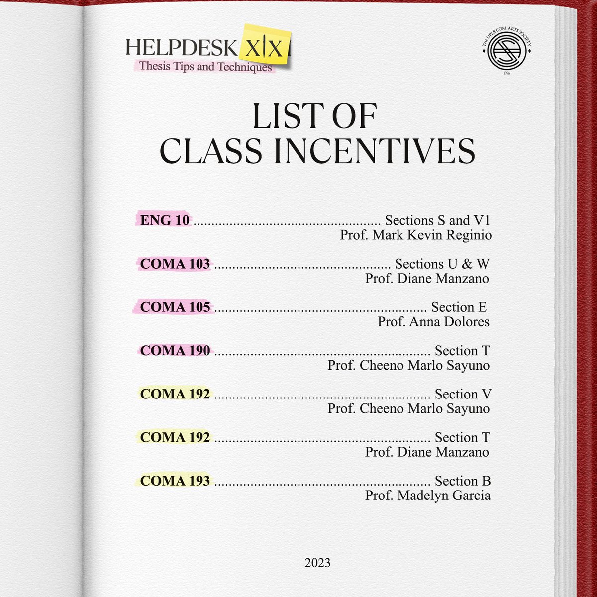 UPLBComArtSoc's tweet photo. Helpdesk XIX: Thesis Tips and Techniques offers incentives to the following classes once you attend our event. 📚🖊

Register using the link below:
https://t.co/1KMMAIRy02

See you on Tuesday, December 5, at CAS Annex 1 - Galleries 1 and 2!

#BastaComArtSocPasok
#HelpdeskXIX https://t.co/xBfhweZ2GC