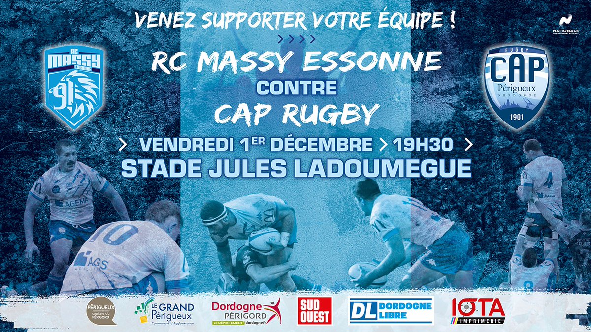 🏉 MASSY - CAP 🏉
Nouveau match à l'extérieur ce vendredi pour nos capistes !  
Déplacement à #Massy pour cette 12ème journée de championnat.  
Vendredi 1er décembre  
Stade Jules Ladoumegue
Coup d'envoi à 19h30   

#Gocap #Rugby #Nat1 #Perigueux #Dordogne