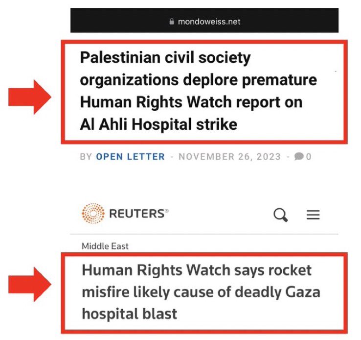 Six weeks after the attack, Human Rights Watch is finally able to report that the Palestinians bombed their own hospital. 

Palestinian NGOs are not happy.

The false narrative blaming Israel for the attack has fueled massive antisemitic demonstrations across the Arab world.