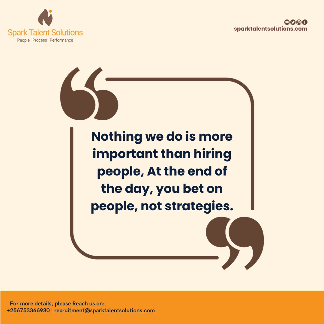 sparkTsolutions's tweet image. At Spark Talent Solutions, Nothing we do is more important than hiring people. At the end of the day, you bet on people, not strategies #Sparktalentsolutions #HR #Hiring

For more details, please Reach us on;
recruitment@sparktalentsolutions.com 
+256753366930