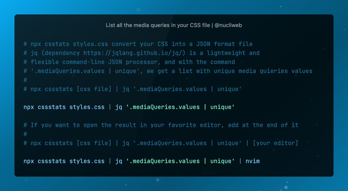 nucliweb's tweet photo. List all the unique media queries in your CSS file.
#CLI #CSS #CSSPerf https://t.co/8uYh0M2QXs