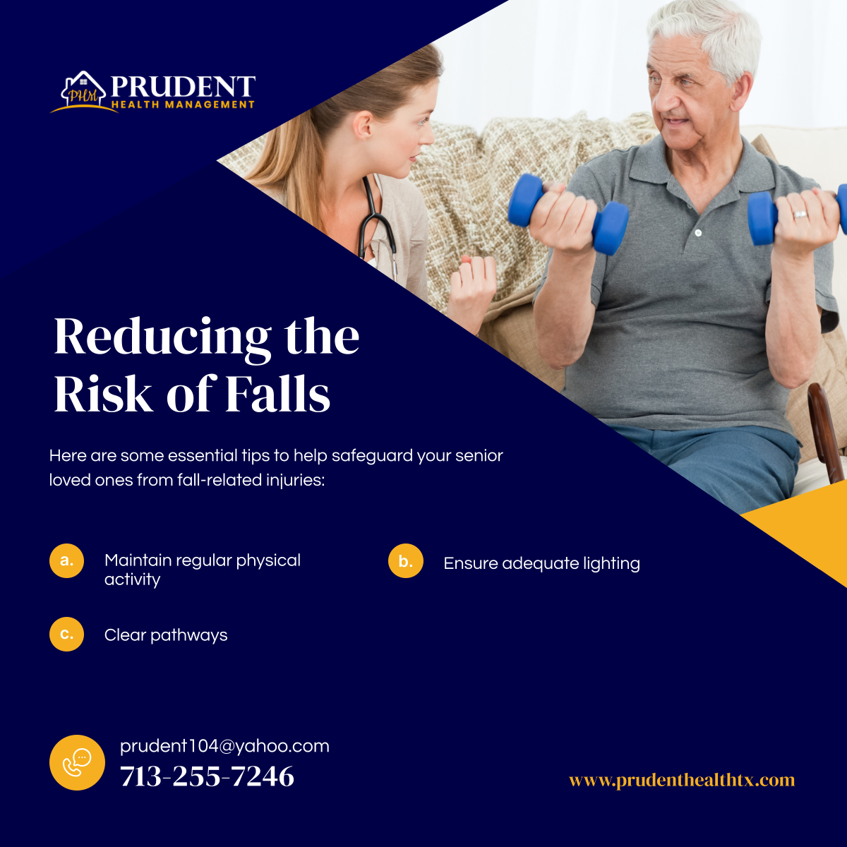 PrudentHMgmt's tweet photo. Falls can be a significant concern for seniors, as they are a leading cause of injuries, hospitalizations, and reduced mobility. However, many of these accidents are preventable.

#HoustonTX #HomeHealthCare #FallPrevention https://t.co/zeScfB7dvr