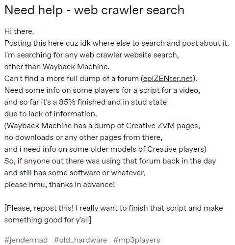 jendermad's tweet photo. Searching for pages from an old forum for a video. Repost if you want that video to come sooner.
https://t.co/vqbEnz4NzE https://t.co/DCkImfM7Jj