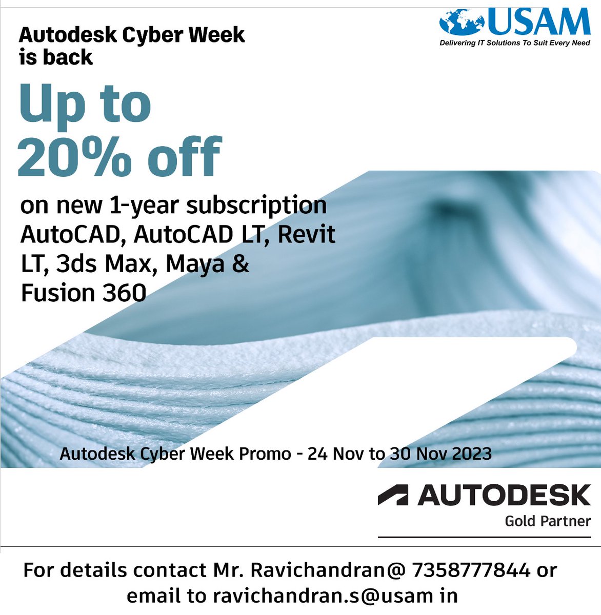 UsamTech's tweet photo. Autodesk Cyber Week is back
Up to 20% off on new 1-year subscription AutoCAD, AutoCAD LT, Revit LT, 3ds Max, Maya & Fusion 360
#usam #autodesk #engineers #architects #autocad #interiordesigner #Discount #CAD #aec
#AutoCAD #AutoCADLT #RevitLT #3dsMax #Maya #Fusion360 https://t.co/grIypkS2h4