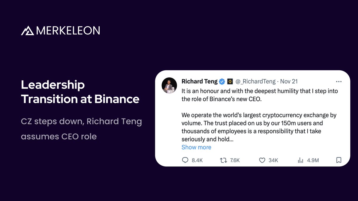 On 21 November Changpeng Zhao (CZ) stepped down as the CEO of Binance. Richard Teng, a former regulatory official, has taken over this position and expressed his commitment to ensuring that #Binance users can maintain confidence in the company's financial strength and security.