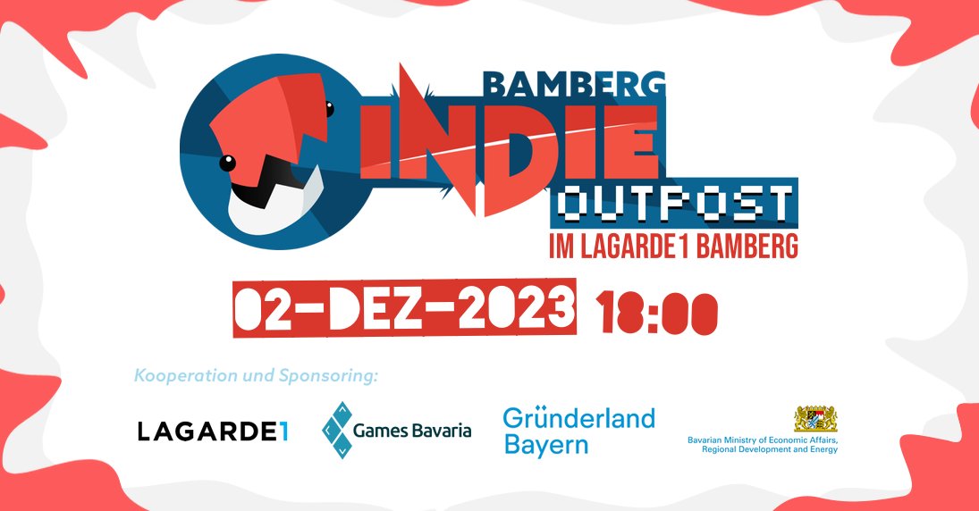 Diesen Samstag, am 2.12. ab 18 Uhr, findet wieder der Bamberger Indie Outpost statt! 🎉

Das Lagarde1 stellt uns wieder ihre tolle Location (Nathan-R, Preston-Str 1, 96052 Bamberg). Für kostenlose Pizza &amp; Getränke ist dank <a href="/GamesBavaria/">Games/Bavaria</a>  gesorgt. Vielen Dank beiden! 🥰