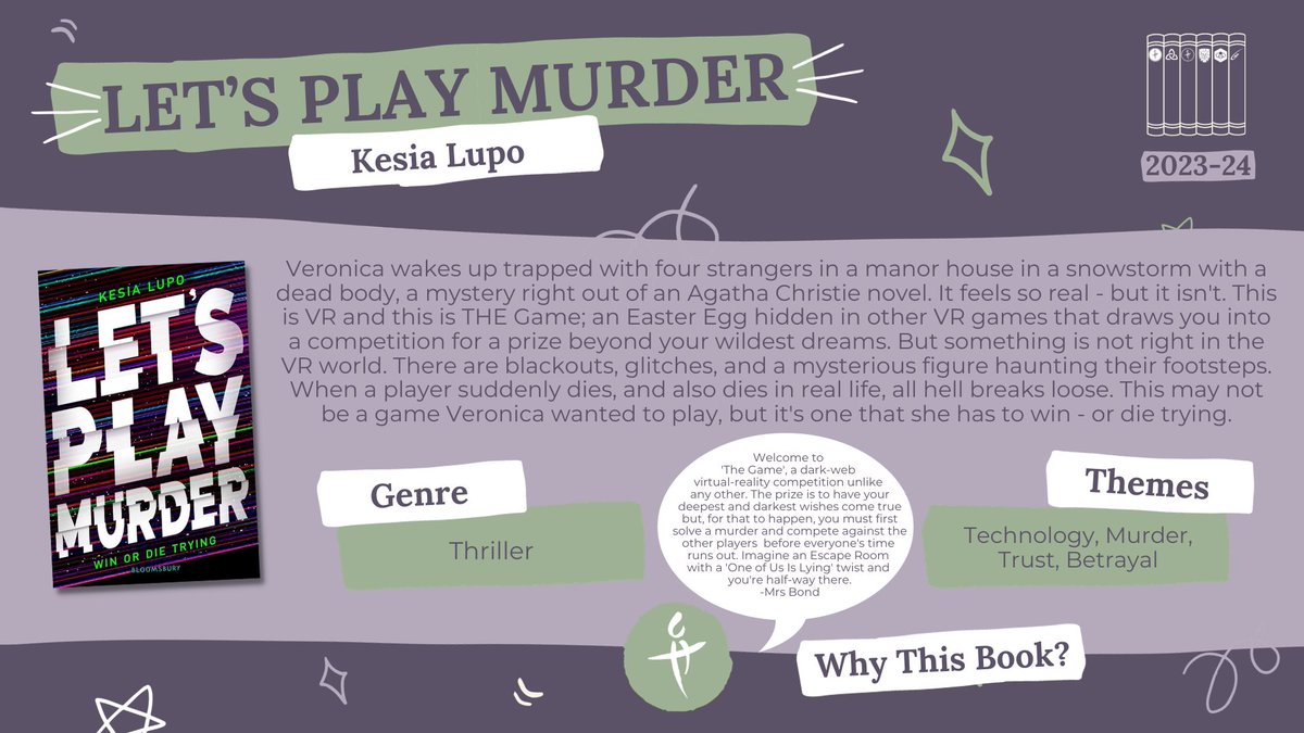DHSLibraryLT's tweet image. @LibraryChhs&apos;s choice continues our bloodthirsty theme w/ @keslupo&apos;s sci-fi thriller, LET&apos;S PLAY MURDER.

Veronica wakes up in THE Game, an Easter Egg hidden in other VR games that promises an incredible prize. Now she has to win... or die trying.

Tense, scary &amp;amp; atmospheric!