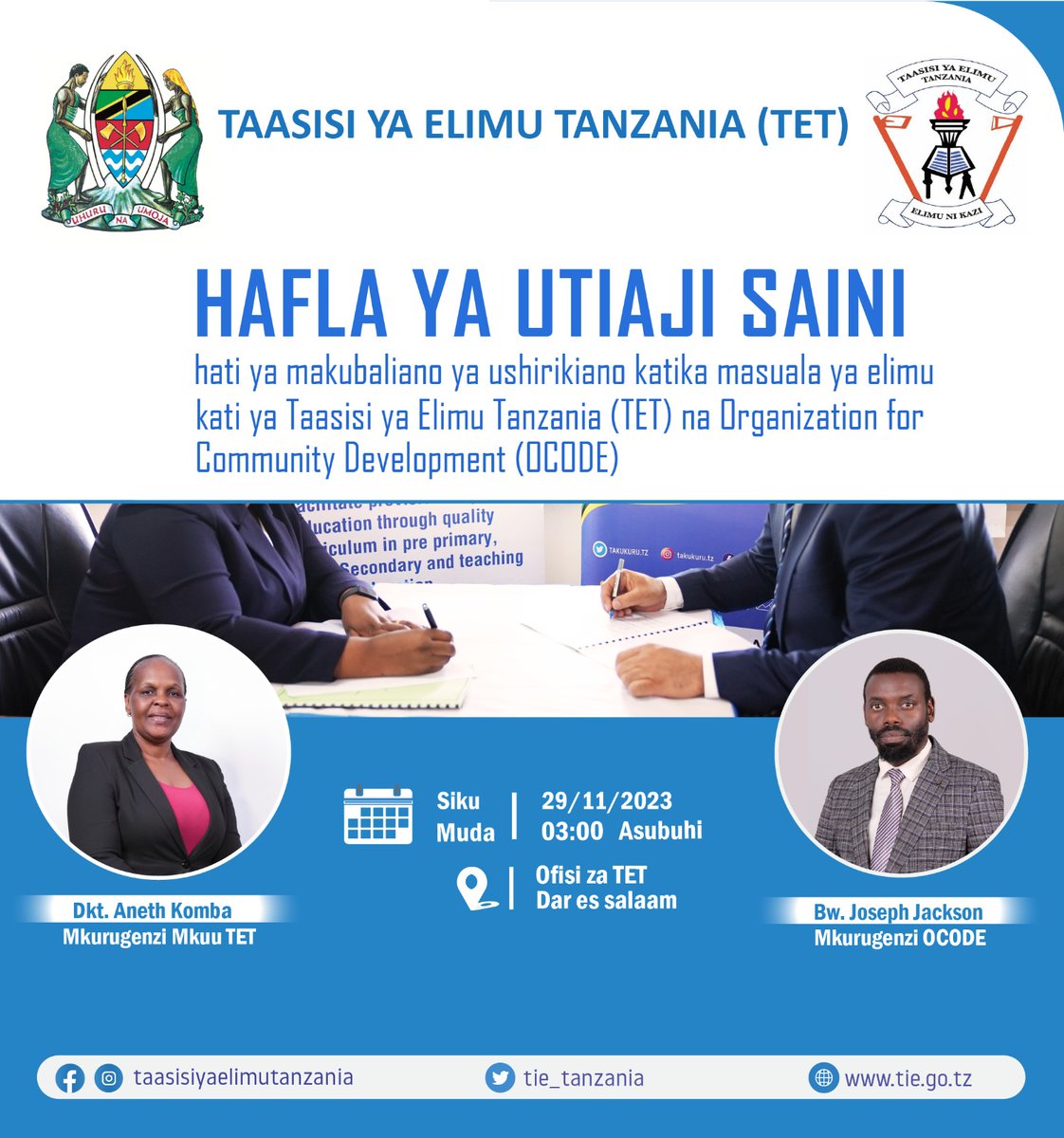 <a href="/alive_programme/">Action for Life Skills and Values in East Africa</a> is expanding collaboration with institutions across East Africa. Congratulations, <a href="/ocodetz/">Organization for Community Development</a>, upon signing an MoU with 
<a href="/TIE_Tanzania/">Taasisi ya Elimu Tanzania</a>.  We look forward to more synergy in #Values and #LifeSkills 
@SamsonSitta1 <a href="/kashariff/">khadija</a> <a href="/puritynginaa/">Purity Ngina, PhD, MBS</a> <a href="/JKabuthaMugo/">John Mugo</a> <a href="/polo_raynor/">Ray Polo</a>