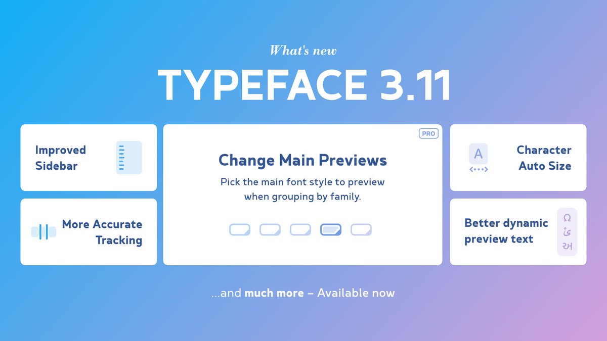 Typeface 3.11 is now available!

Change main previews of font families, interact with multiple tags in the sidebar and lots of other improvements.

Learn more: typefaceapp.com/changelog/type…

Enjoy and thanks for using Typeface! 🦊