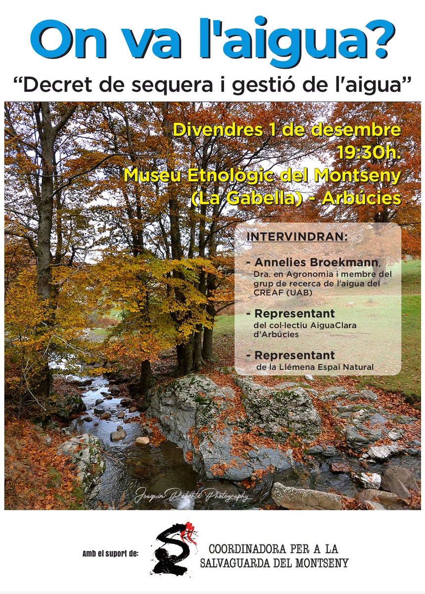 📅 Divendres serem a #Arbúcies a la presentació del col·lectiu AiguaClara

💧 Debatrem sobre sobre la gestió de l'aigua amb l'Annelies Broekmann del <a href="/CREAF_ecologia/">CREAF</a> i amb la gent de la Llémena Espai Natural 

#NoEnRaja #EnsAssequenElFutur
