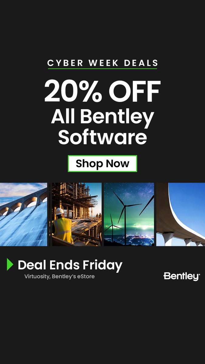 VirtuosityStore's tweet photo. 🎉 Get 20% off Bentley Software sold on the eStore, today through Friday, Dec. 1! Use code CYBER23 🎁  #STAAD #MicroStation #ProjectWise #OpenFlows #PLAXIS

Shop Now: https://t.co/oilVIHEphN https://t.co/yMqEGGlkVS