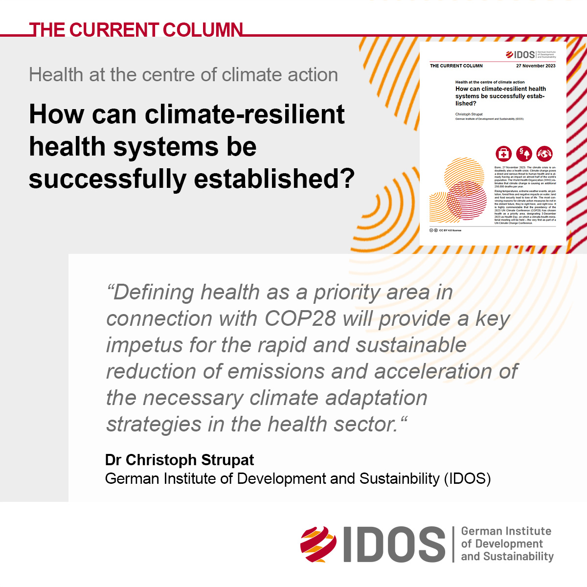 The #ClimateCrisis is also a #HealthCrisis. Climate change poses a direct and serious threat to human health. 💡Ahead of #COP28, @CStrupat reminds in #TheCurrentColumn that the health sector must take on a greater role in climate transformation:🔗idos-research.de/en/the-current…