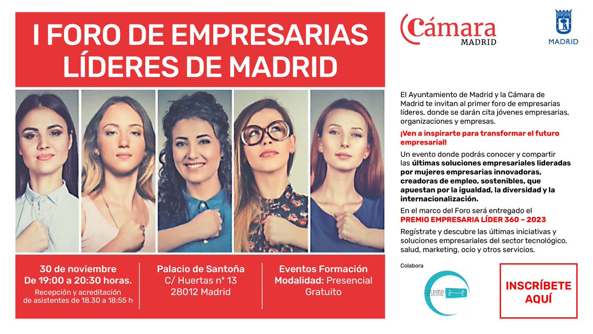 El Ayuntamiento de Madrid y la Cámara de Madrid te invita al primer foro de empresarias líderes, donde se darán cita jóvenes empresarias, organizaciones y empresas.

Participa: <a href="/noemiboza/">noemi boza cano</a>, socia - directora de <a href="/mascuota/">Más Cuota</a>

👉 camaramadrid.es/evento/-/item/…
