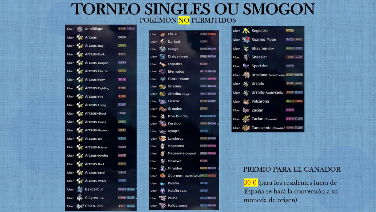 Torneo Singles OU Smogon PRE DLC 2 Pokémon Escarlata y Púrpura. Tendrá lugar el Domingo 3 de Diciembre de 17:00 a 20:00 horas España. Para acceder al torneo contactar con alguno de los moderadores indicados en la 2ª Imagen. Premio de 30 € para el ganador. Os espero este Domingo!