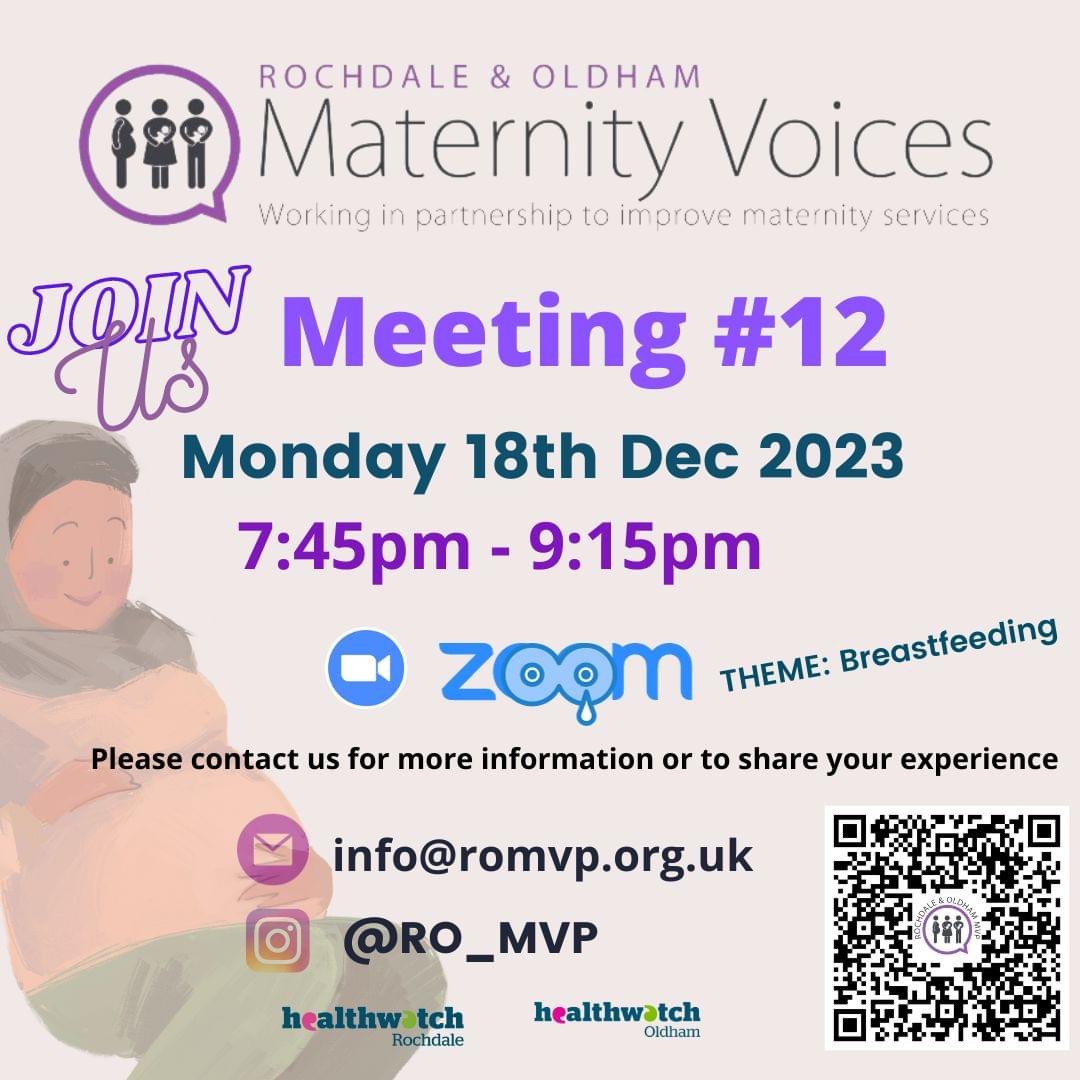 Healthwatch Rochdale (@hwrochdale) on Twitter photo The next <a href="/ro_mvp/">Rochdale & Oldham MVP</a> quarterly meeting #12 is via Zoom on 18.12.23, 7:45pm.
The theme for this meeting is "Breastfeeding."
Please email info@healthwatchrochdale.org.uk for the Zoom link and agenda or to raise a question. For more info on ROMVP see webpage:
healthwatchrochdale.org.uk/romvp The next <a href="/ro_mvp/">Rochdale & Oldham MVP</a> quarterly meeting #12 is via Zoom on 18.12.23, 7:45pm.
The theme for this meeting is "Breastfeeding."
Please email info@healthwatchrochdale.org.uk for the Zoom link and agenda or to raise a question. For more info on ROMVP see webpage:
healthwatchrochdale.org.uk/romvp