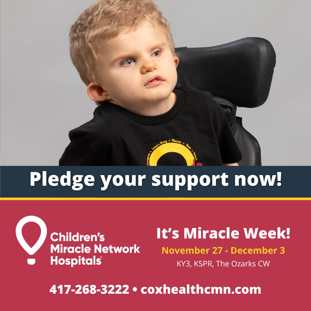 coxhealthcmn's tweet photo. Miracle Week kicks off today! Join us by donating in support of sick and injured children! All gifts and proceeds made to @CMNHospitals at @CoxHealth benefit children here in the Ozarks. Donate now at https://t.co/8ZHM9KCvaQ. #miracleweek #helpinglocalkids #ozarks https://t.co/R7522xgsOq