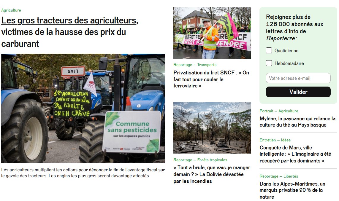 Reporterre đ | Le mĂ©dia de l'Ă©cologie (@reporterre) on Twitter photo Ce matin sur Reporterre :
đ Les gros tracteurs des agriculteurs, victimes de la hausse des prix du carburant <a href="/EmilieMassemin/">Ămilie Massemin</a>
đ Privatisation du fret SNCF : « On fait tout pour couler le ferroviaire » <a href="/emanach/">Erwan Manac'h</a>
đ§đŽ Â« Tout a brĂ»lĂ©, que vais-je manger demain ? » La Bolivie Ce matin sur Reporterre :
đ Les gros tracteurs des agriculteurs, victimes de la hausse des prix du carburant <a href="/EmilieMassemin/">Ămilie Massemin</a>
đ Privatisation du fret SNCF : « On fait tout pour couler le ferroviaire » <a href="/emanach/">Erwan Manac'h</a>
đ§đŽ Â« Tout a brĂ»lĂ©, que vais-je manger demain ? » La Bolivie