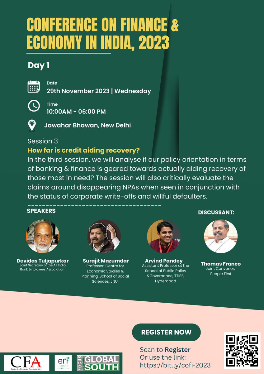 🔜Upcoming conference

On behalf of <a href="/cfa_ind/">Centre for Financial Accountability</a>, <a href="/focussouth/">Focus on the Global South</a>  &amp; Economic Research Foundation, we invite you to a 2-day Conference on Finance in India.

Here are the sessions on Day 1 of #COFI2023

🗓️ Date: 29th-30th Nov
📍 Venue: Jawahar Bhawan

🔗 Reg Link: bit.ly/cofi-2023