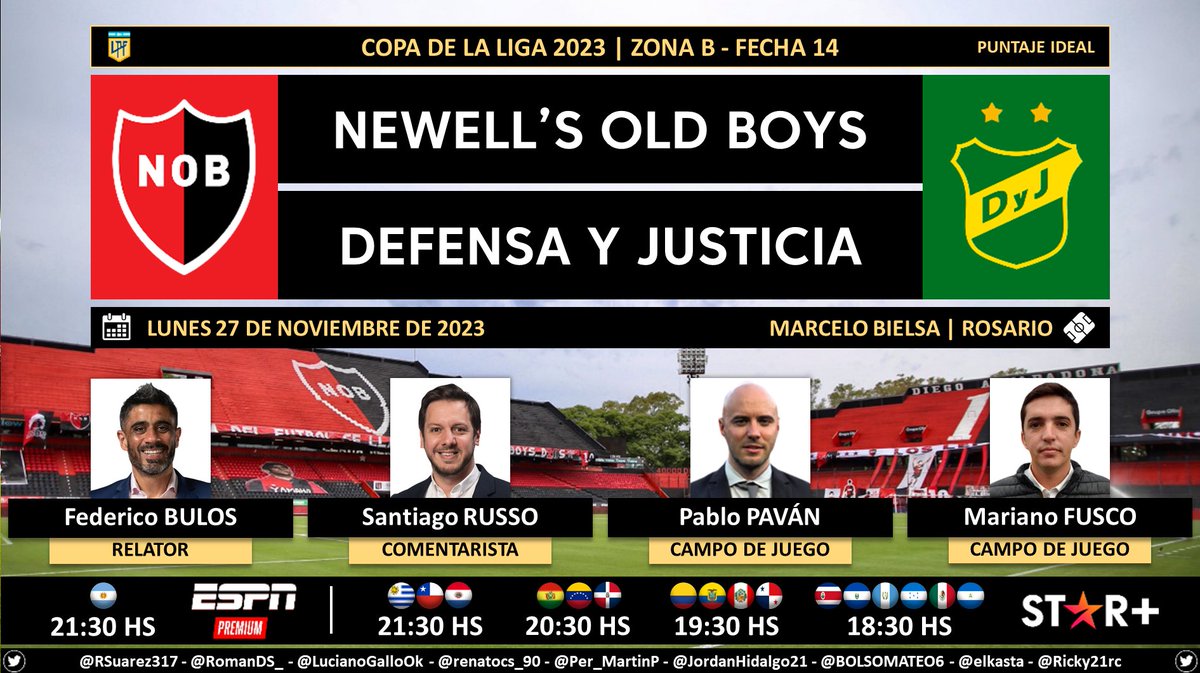 ⚽ #CopaDeLaLiga 🇦🇷 | #Newells vs. #DefensayJusticia 🎙 Relator: @federicobulos 🎙 Comentarista: @SantiRusso 🎙 Campo de Juego: @pablitopavan y @MarianoFusco2 📺 ESPN Premium 🇦🇷 💻📱 @StarPlusLA Latinoamérica (❌🇦🇷) 🤳 #ESPNPremium #ESPNenStarPlus - #PackFútbol Dale RT 🔃