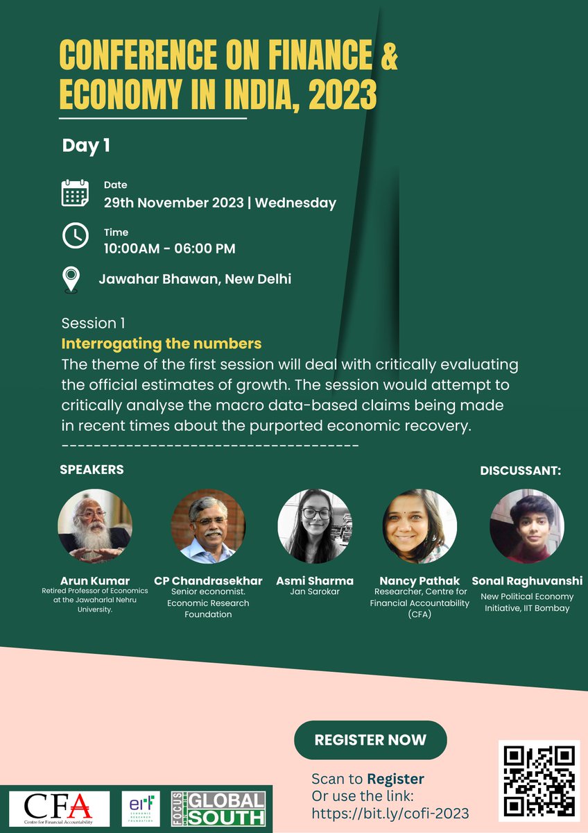 cfa_ind's tweet photo. 🔜Upcoming conference

On behalf of @cfa_ind, @focussouth  &amp; Economic Research Foundation, we invite you to a 2-day Conference on Finance in India.

Here are the sessions on Day 1 of #COFI2023

🗓️ Date: 29th-30th Nov
📍 Venue: Jawahar Bhawan

🔗 Reg Link: https://t.co/0UcntHBrOl https://t.co/NlMhtbKahn