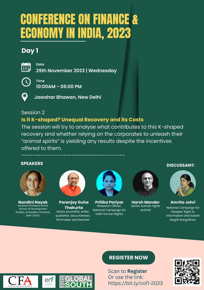 cfa_ind's tweet photo. 🔜Upcoming conference

On behalf of @cfa_ind, @focussouth  &amp; Economic Research Foundation, we invite you to a 2-day Conference on Finance in India.

Here are the sessions on Day 1 of #COFI2023

🗓️ Date: 29th-30th Nov
📍 Venue: Jawahar Bhawan

🔗 Reg Link: https://t.co/0UcntHBrOl https://t.co/NlMhtbKahn