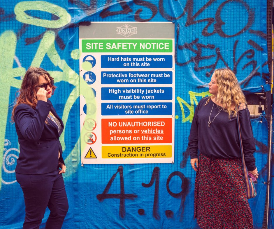 MadeByFctry's tweet photo. Nothing to see here folks. Just Andi and Trudi observing he rules but choosing to ignore them! 

In all seriousness, we'll happily don PPE when visiting our construction clients onsite, but we like to break and remake the rules when it comes to digital marketing. https://t.co/09JySL2tRY
