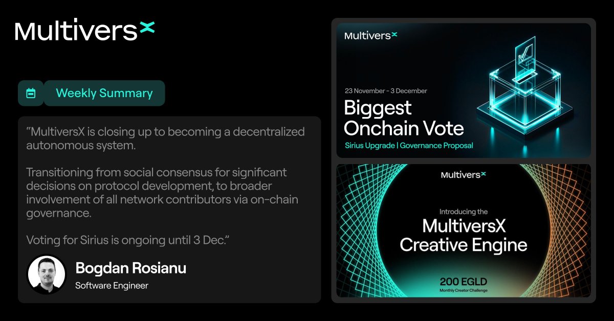 buidly_'s tweet photo. 🛠️ Weekly Update - @MultiversX for tech and non-tech users
🔵Marketplace and #KYC Services
🔹 Non-Tech Users: Upgrading the #NFT marketplace and refining identity verification processes
🔵#xCards and #WebWallet Enhancements
🔹 Non-Tech Users: Improving cashback systems and wallet functionalities
✅Governance Evolution
🔸Moving towards inclusive on-chain governance, empowering all network contributors in decision-making
🔹 Non-Tech Users: Think of evolving from a small council making decisions to a vast digital assembly where every voice counts
🛠️Tech and Ecosystem Developments
🔸Testnet Progress: Preparing for release T1.5.15.0, enhancing code testing and synchronization efficiency
🔹 Non-Tech Users: Imagine preparing a high-tech race car for an upcoming race, fine-tuning every part for top performance
🔸 Sovereign Operations: Enhancing bridge operations and refining transaction structures
🔹 Non-Tech Users: Like a city updating its bridges and roads for smoother traffic flow
🔸Chain Simulator & #ESDT Updates: Expanding tools for #blockchain simulation and token feature enhancements
🔸Node Monitoring & API Development: Introducing new tools for better network insights and transaction processing
🔹 Non-Tech Users: Like upgrading a control center with advanced screens and tools for better monitoring
🔸Smart Contract & SDK Progress: Streamlining contract deployment and enhancing developer resources
🔹 Non-Tech Users: Providing builders with more sophisticated tools and blueprints for constructing futuristic buildings
🔵 Governance Vote
🔸Voting on governance protocol upgrades on Dec 3. Be part of the change
Your chance to vote in a digital election that shapes the future of @MultiversX
🔵Others
▫️ @MultiversX 2.45M accounts • 362M transactions • 17.3M staked
▫️ @xPortalApp 1.5M+ users • 130K+ users stake $EGLD
▫�� @xExchangeApp $103 Million TVL • $35 Million USD 7d volume
📰 Media mentions
▫️ @binance ▫️ @CryptoDiffer ▫️ @kriptokoin ▫️ @0xzxcom ▫️ @tapchibtc_io ▫️ @CesDefrance
🔍 Stay engaged with #MultiversX. Be part of the change
Let's #buidl
#MultiversX #EGLD #Web3 #Web3Community #blockchain #TechDemocracy 🌍🌐