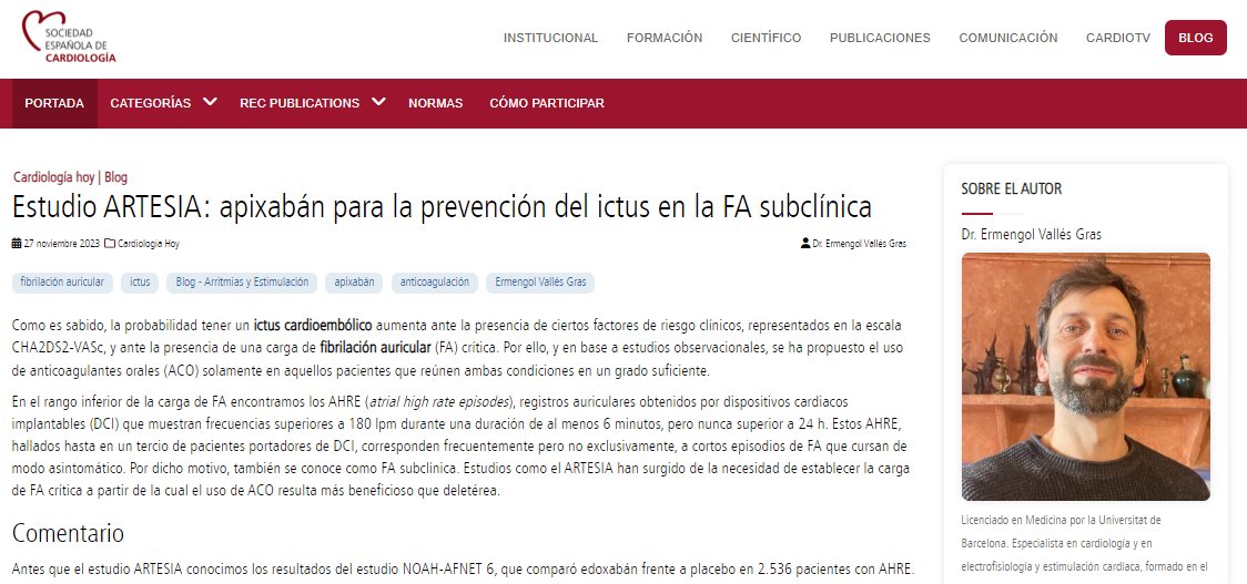 secardiologia's tweet photo. "Los resultados del estudio ARTESIA no permiten generalizar el uso de apixabán en todos los pacientes con AHRE asintomáticos, pero dan pie a la reflexión dada la escasa carga de FA de la población estudiada", indica @ermengolvalles. #BlogREC @JovenesSec https://t.co/MFwOVpRtzT https://t.co/nBmOTjaye6