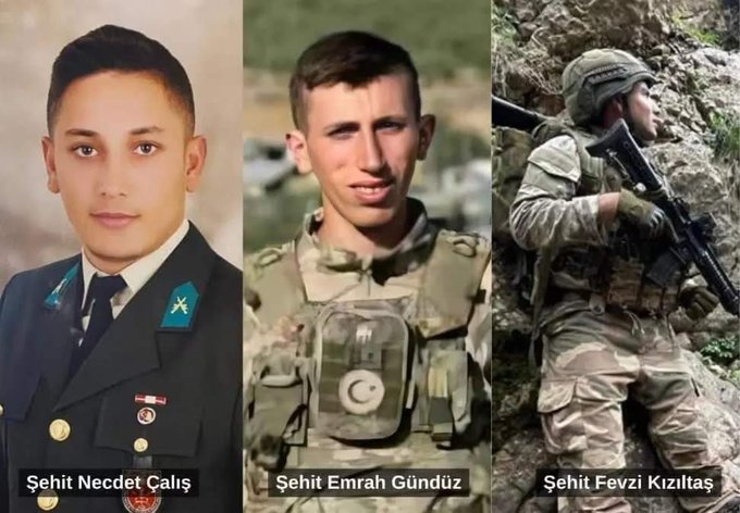 Kuzey Irak'ta Pençe-Kilit operasyonu bölgesinde teröristlerin saldırısı sonucu Üç Kahramanımız Toprağa Can Ekti

P. Asb. Üçvş. Necdet ÇALIŞ, 
P. Söz. Er. Emrah GÜNDÜZ,
P. Söz. Er. Fevzi KIZILTAŞ.

Şehitlerimizin ruhu şad mekanları cennet olsun 🇹🇷🇹🇷