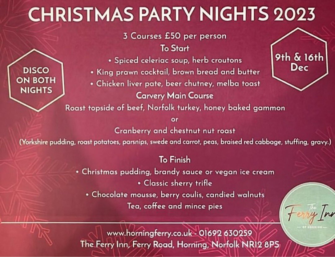 HorningFerry's tweet photo. Here’s a reminder of ALL the details of what’s happening this festive season, from our delicious Christmas Day Menu, weekend Festive Afternoon Teas as well Disco Party Nights. 

Booking is essential as we expect to sell out quickly. 

Call 01692 630259 to reserve. https://t.co/tm07viCTBU
