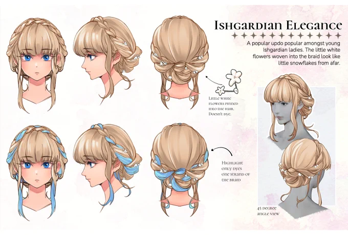 my entry for ffxiv's 2023 hairstyle contest (that won!) + another one i also submitted (guess who) 