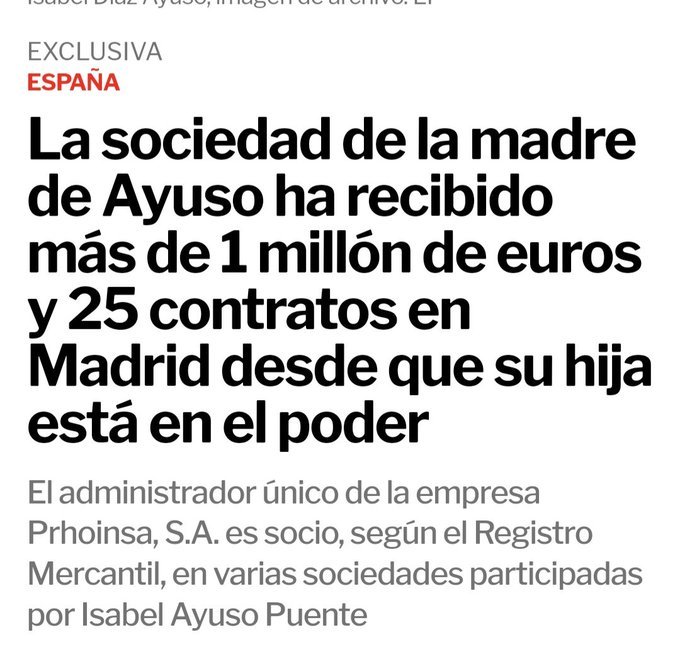 NoaGresiva's tweet photo. Normalidad democrática es que tu hermano y tu madre se forren porque tú eres la presidenta de una comunidad autónoma y les favoreces. ¿No? https://t.co/AwBkkuageS
