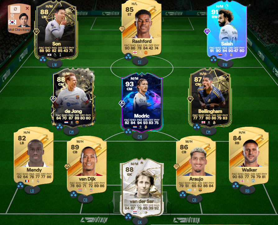 p19ky's tweet photo. @div10moment @fleck_gfx This is my squad that I use for this formation/tactics. What is to be improved/changed about it? I use de Jong and Bellingham as the 2 CDMs and modric as the CAM along with son and salah on the sides and rashford as ST. https://t.co/v38n7dgn03