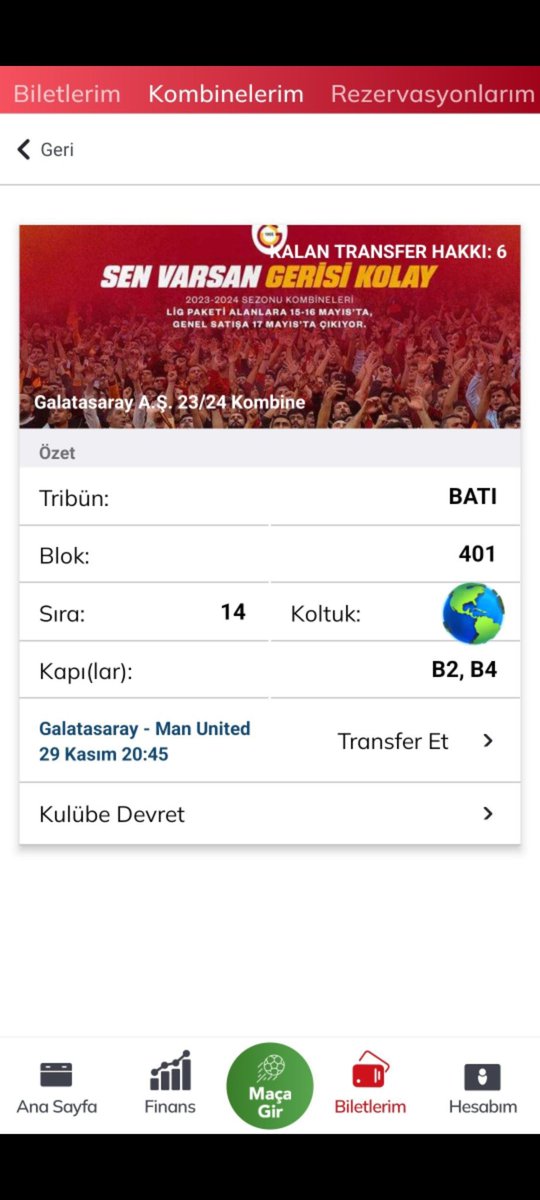 Galatasaray-Manchester United maçı için 401 Blok BATI tribününden bir adet bilet mevcut. Ciddi alıcılar yazarsa sevinirim.
#devir #kombine #transfer