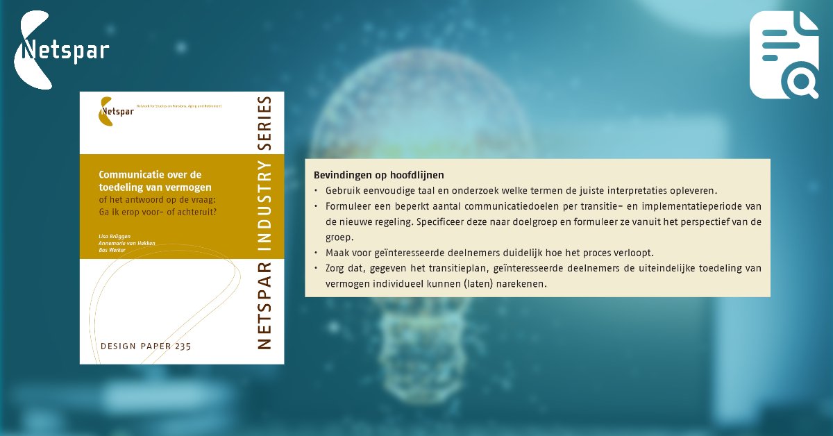 Een financieel of juridisch 'evenwichtig' vormgegeven transitie die niet uit te leggen is, zal niet als 'evenwichtig' ervaren worden. De auteurs gaan in op de communicatie rondom de toedeling van vermogens naar aanleiding van de Wtp.

Lees het paper hier: netspar.nl/nieuws/communi…