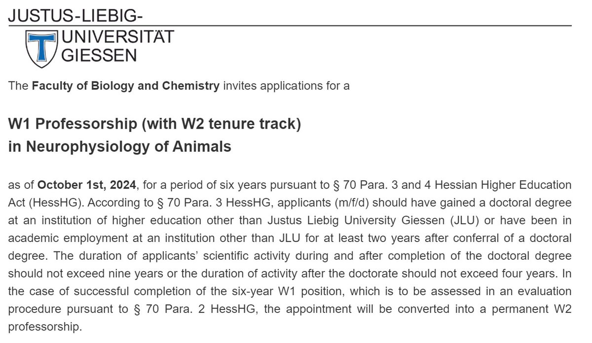 The application deadline is approaching ‼️

📢The Justus Liebig University Giessen is hiring an Assistant Professor (with a tenure track to Associate Professor) in Neurophysiology! 
🪲🐛🐸🐠🦐🐦‍⬛ 

Application deadline: Nov. 30, 2023 ‼️
Please RT! 🔄

ecro.online/news/job-offer…