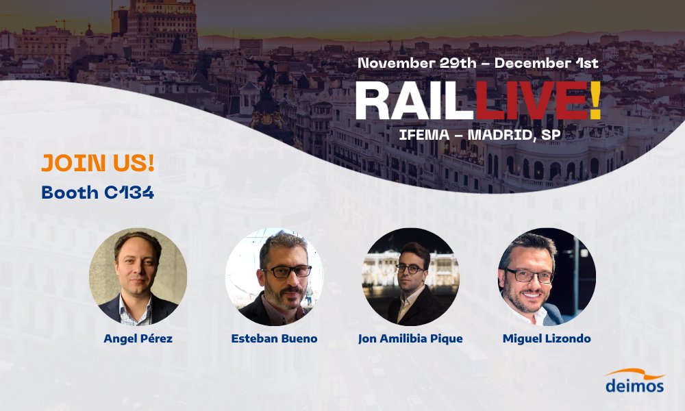 ⭐️ Countdown to @RailLiveSpain in Madrid 🚅 In two days' - 29 November to 01 December - the biggest trade fair in the #transport sector will begin and our colleagues will be waiting for you at booth C134 to share Deimos' know-how in this area. Hope to meet you there 🤝