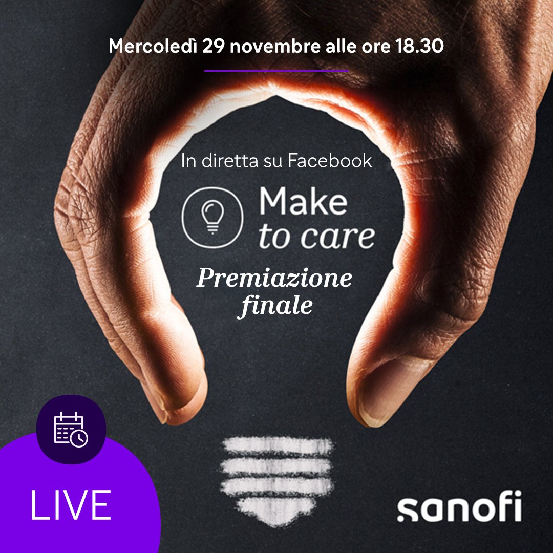 Mercoledì 29 novembre si terrà la serata di premiazione di #Maketocare. Vi aspettiamo alle 18.30 in diretta sulla pagina Facebook Sanofi Italia e su quella di Make to Care. @MakerFaireRome