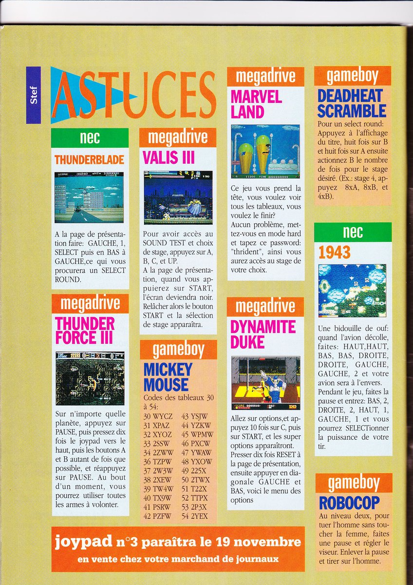 AllmightoFranky's tweet photo. Et on termine ce numéro avec une derrière salve de trucs et astuces,du #KidIcarus sur #NES,#TMNT sur #GameBoy,#JamesPond et #ThunderForceIII sur #Megadrive!!! A demain pour un nouveau magazine!! 6/6 https://t.co/ALuIX0g1Ju