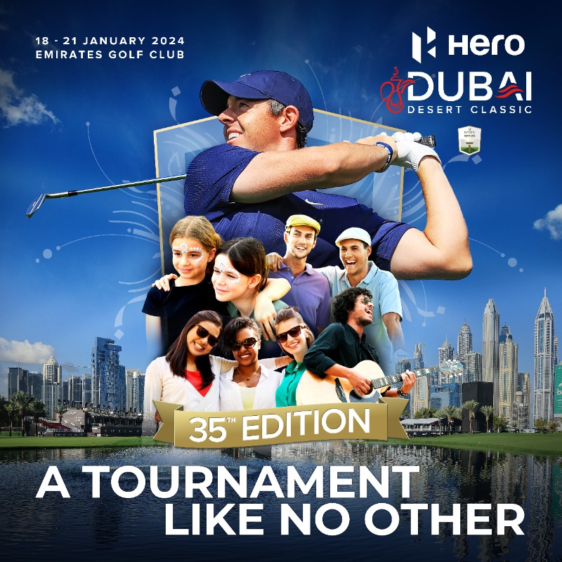 DubaiDCGolf's tweet photo. The time has come, Hero #DubaiDesertClassic is back for its 35th edition! ⛳

World class golf, food and entertainment making it an experience like no other – secure your FREE General Admission or Hospitality tickets now! 🎟️