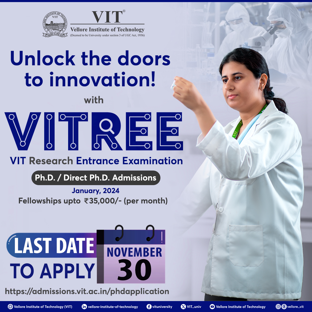 VIT_univ's tweet photo. Last date to be a part of an institution that values research and encourages you to explore new ideas and theories. Join as a Research Scholar (PhD) at VIT.
Apply for VITREE @ https://t.co/LBLXmgP6Rb
#VIT #VITREE #VITREE2024 #PhD #Doctrate #DoctoralStudies #Research https://t.co/jH4zuAjb9M