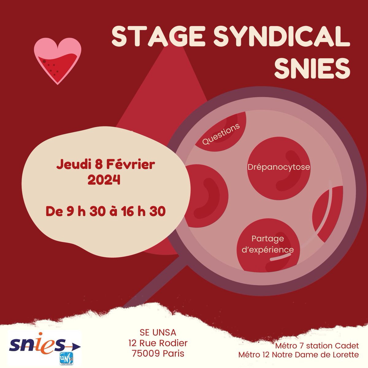 Le SNIES vous invite à son stage sur la drépanocytose le 8 février prochain. Inscription obligatoire.
unsa-education.com/?post_type=art…